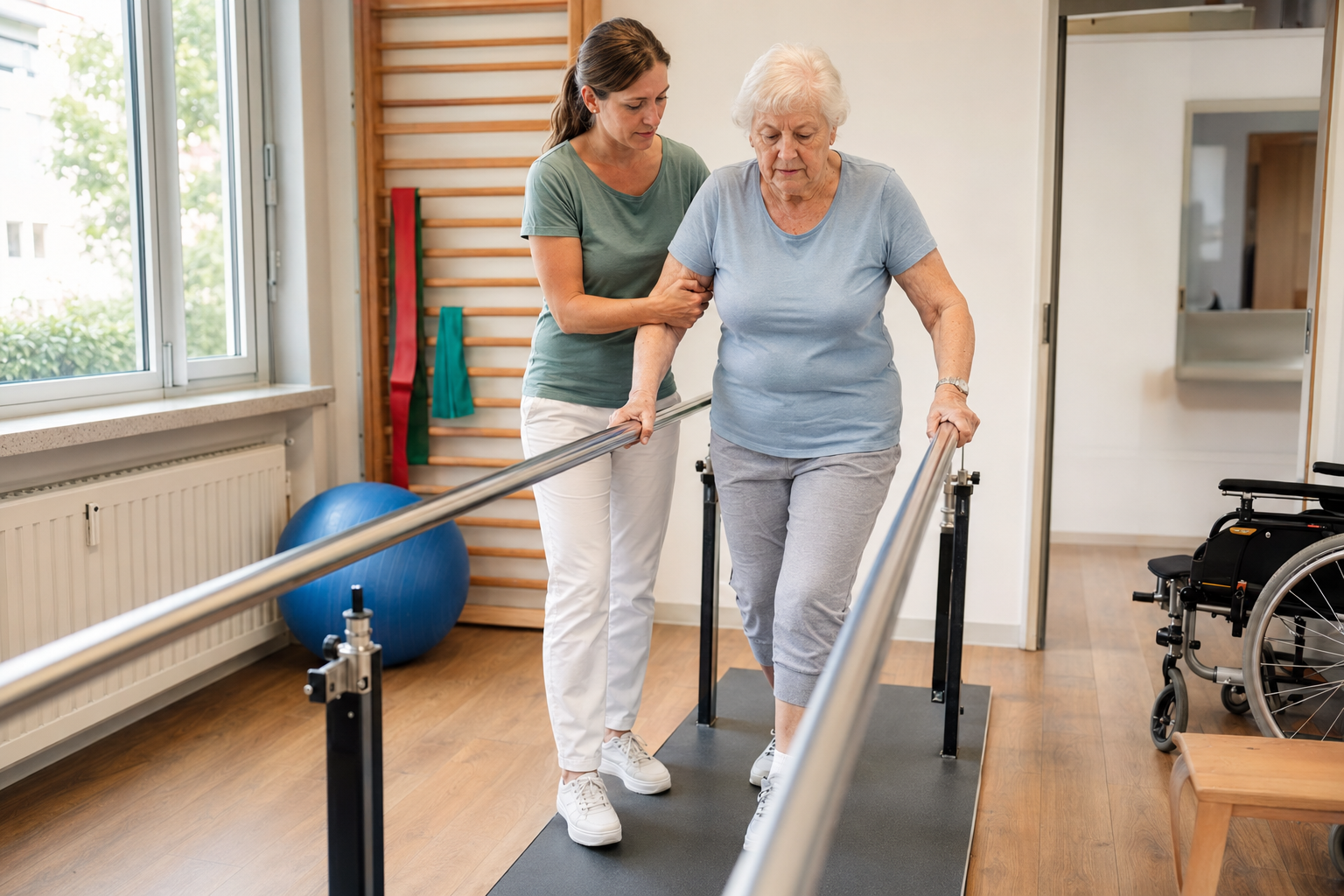 Therapeutin begleitet eine ältere Patientin beim Gehtraining in der Rehabilitation